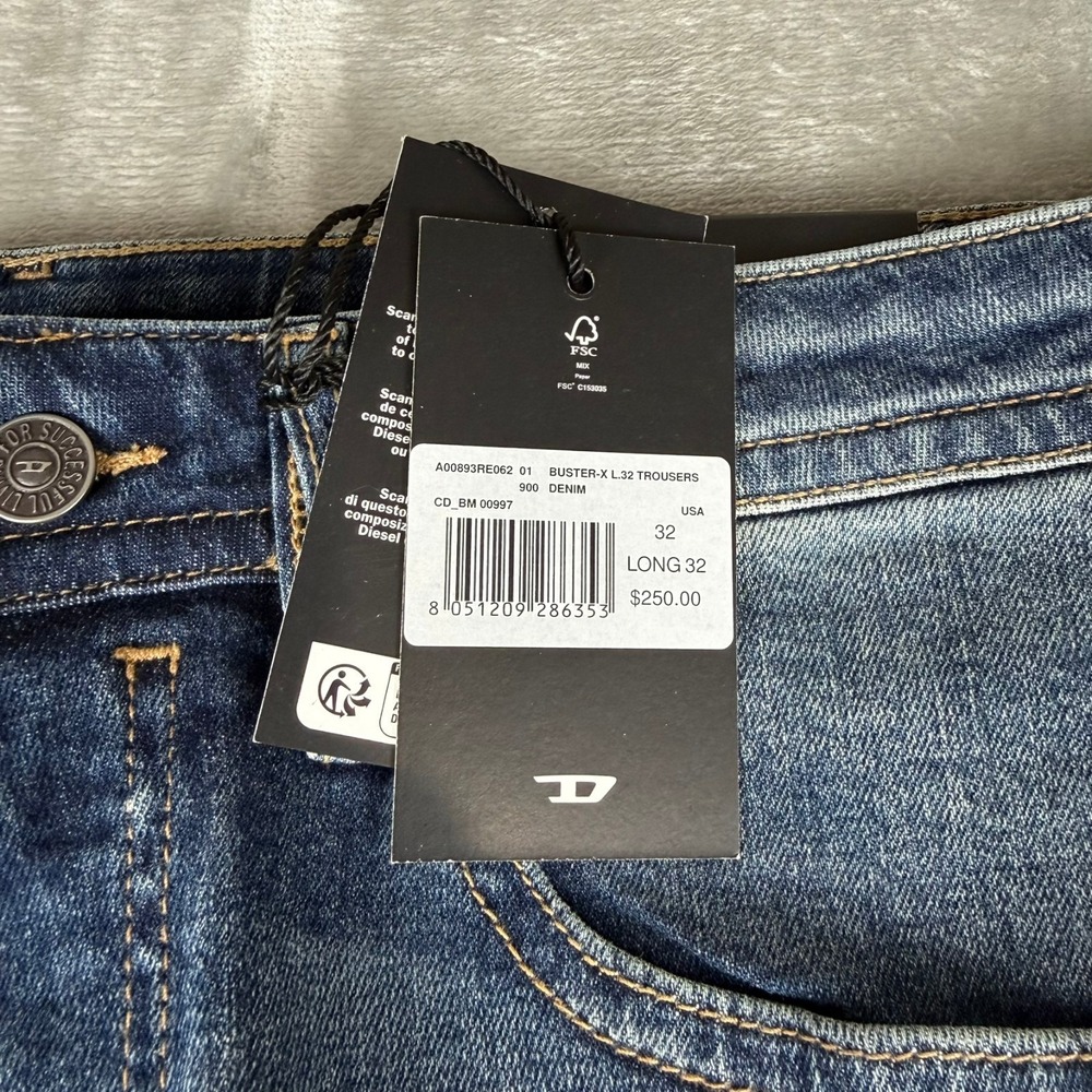Diesel Buster Slim Tapered Jeans Mens 32x32 Indigo Blue Button Fly $250 New NWT - Picture 4 of 10